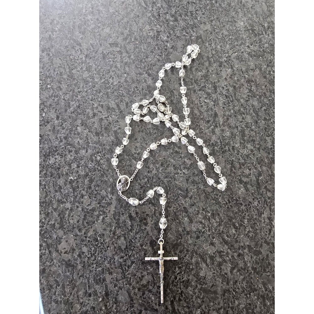 Vintage Crystal Rosary Silver Crucifix Miraculous Medal Catholic Prayer Beads...